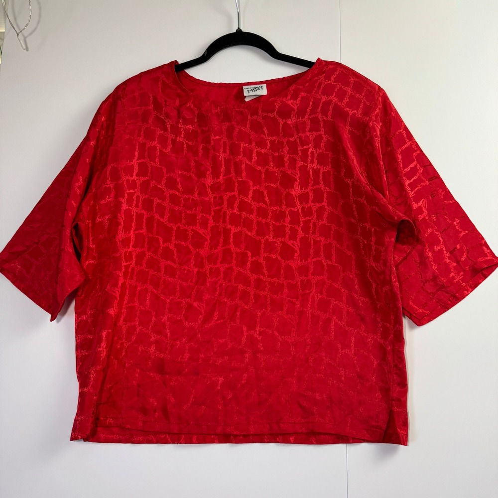 Vintage California Mint Red Jacquard Satin Blouse Short Sleeve Top Small USA